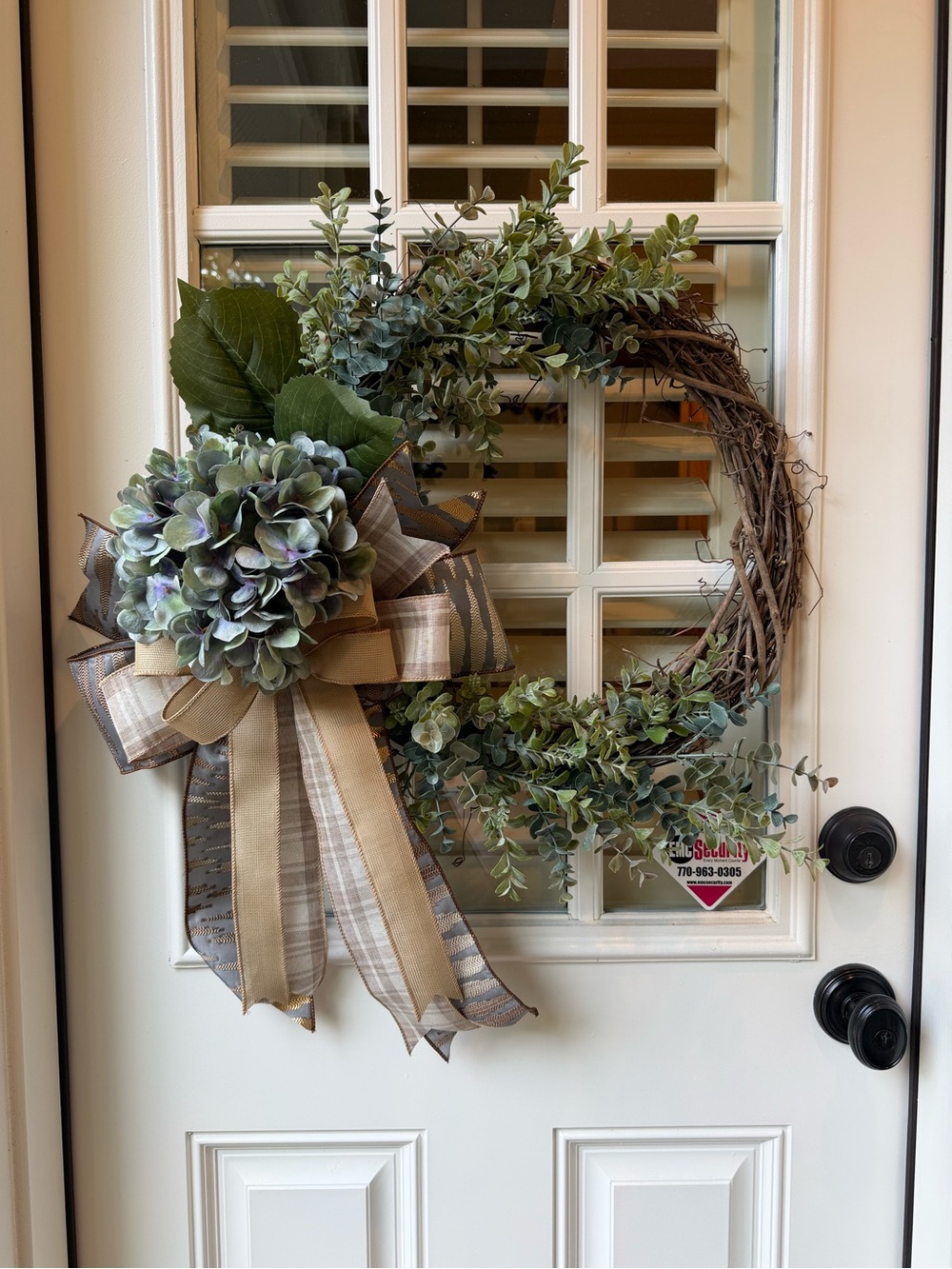 Green Hydrangea and Eucalyptus Grapevine Wreath with Burlap-Accent Bow